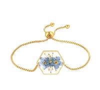 Azonelife Bracelet en dentelle de fleurs sauvages pressées Myosotis et de la reine Anne, bracelet de fleurs réelles faites à la main, bracelet en résine de fleurs pressées en or
