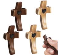 Azttior 4 pièces Croix en Bois Sculptées 5cm, Croix de Prière Portables avec Cœur ; Croix Communion & Confirmation Catholique ; Cadeau pour Communion, Cadeau Baptême Adulte; Idéal Cadeau Chrétien