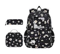 AZURAOKEY Sac à dos imprimé marguerite Ensemble de sac à dos 3 pièces avec motif dégradé élégant comprenant boîte à lunch et pochette pour fournitures - Sac de jour de voyage - Marguerite noire