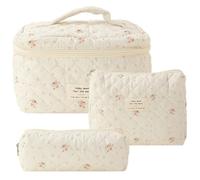 AZURAOKEY Trousse de maquillage 3 pièces en coton matelassé imprimé Coquette Esthétique Floral Trousse de toilette grande capacité Fermeture éclair Sac à main en coton Sac à main, 3 Pièces - D
