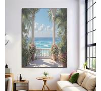 Azuré Toile Tableau Peinture à Balcon Avec Palmiers Et Vue Sur La Mer Murale Art, Affiches Moderne Chambre Salon Decoration à La Maison Tableaux, 50x70cm Sans Cadre