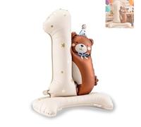 AzureRay Ballon métallisé XXL chiffre 1 avec ours en peluche - Décoration pour le premier anniversaire d'un garçon, ballon crème autoportant, décoration d'anniversaire pour enfant