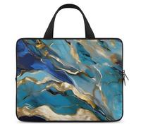 Azurite - Housse pour ordinateur portable de 15 po, ultra fine, légère et imperméable, en néoprène durable, motif marbre à l'huile bleu sarcelle et feuille d'or