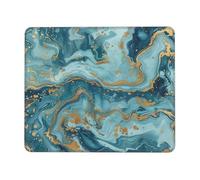 Azurite Tapis de souris de jeu avec base en caoutchouc antidérapant et bords cousus pour gamer, bureau, maison - Motif marbre à huile bleu sarcelle et feuille d'or - 24,1 x 20,1 cm