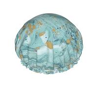Azurite Teal And Foil Gold Oil Marble Pattern Bonnets de douche imprimés pour femmes, bonnets de bain élastiques réutilisables, double chapeau de douche étanche