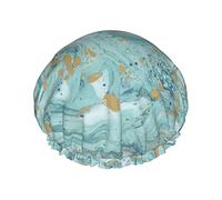 Azurite Teal And Foil Gold Oil Marble Pattern Print Bonnet de douche pour femmes Bonnets de douche en tissu double couche réutilisables Bonnets de cheveux pour filles