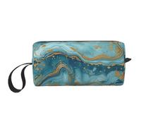 Azurite Trousse de maquillage légère et portable avec poignée Motif marbre à l'huile Bleu sarcelle et feuille d'or, blanc, Taille unique, Trousse de maquillage