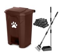 B-15-BR-RB180-CZ Poubelle à déjections canines pour extérieur avec couvercle et pédale mains libres en PVC durable avec bac à déjections canines et râteau 180 sacs poubelle noirs, marron