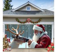 B, 2,4 x 2,1 m, bannière de porte de garage de Noël, Père Noël, renne, cadeaux sur le thème de Noël, décoration murale extérieure, grande décoration de vacances extérieure pour les maisons, les fêtes
