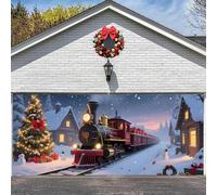 B 2,4 x 2,1 m Bannière de porte de garage de Noël - Train festif avec arbre de Noël, cadeaux et scène de neige - Grande couverture d'extérieur imperméable, fond de Noël réutilisable pour la maison