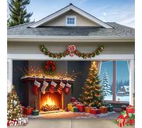 B, 4,8 x 2,1 m, bannière de porte de garage de Noël, une cheminée, un sapin de Noël et des bas comme décorations de fond, grande décoration de vacances en plein air pour la maison, la cour et la fête