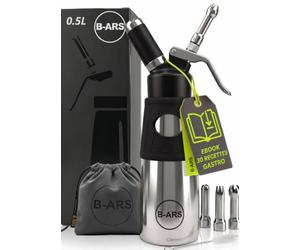 B-ARS Siphon Chantilly 500ml Hybride INOX Blanc, Écumes et Mousses | Bouteille en acier inoxydable et tête en aluminium : corps résistant et partie haute plus agréable à manipuler.