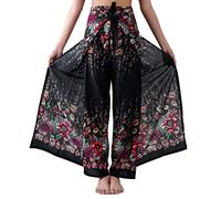 B Bangkok Pants Women's Boho Palazzo Pants Wide Leg Yoga Wrap Tie Up Waist (One Size, Black Floral)