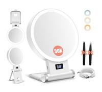 B Beauty Planet 1X/30X Miroir Grossissant avec Lumière, Affichage de La Batterie, Support 4-en-1, 2000mAh, Pinces Incluses, Double Face, 3 Couleurs Réglables, Pliable - pour Maison & Voyage