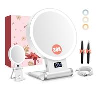 B Beauty Planet 1X/30X Miroir Grossissant avec Lumière, Affichage de La Batterie, Support 4-en-1, Double Face, 3 Couleurs Réglables, 2000mAh, Pinces Incluses, Pliable - pour Maison & Voyage