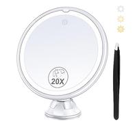 B Beauty Planet Miroir grossissant amélioré 2025 avec lumière, miroir grossissant 20x avec ventouse et pince à épiler, miroir de courtoisie 3 couleurs, rotation à 360°, miroir de maquillage avec
