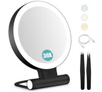 B Beauty Planet Miroir grossissant avec lumière 30x, double face, miroir de maquillage grossissant 1x/30x avec pince à épiler, 2000 mAh, 3 modes de couleur avec luminosité réglable, miroir de voyage