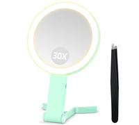 B Beauty Planet Miroir grossissant avec lumière, Double Face, Miroir de Maquillage de Voyage 30x/1x avec Pince à épiler, 3 lumières de Couleur, Pliable et à intensité Variable (Vert)