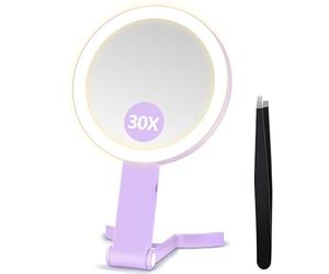 B Beauty Planet Miroir grossissant avec lumière, Double Face, Miroir de Maquillage de Voyage 30x/1x avec Pince à épiler, 3 lumières de Couleur, Pliable et à intensité Variable (Violet)