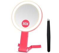 B Beauty Planet Miroir grossissant avec lumière, Double Face, Miroir de Maquillage de Voyage avec Pince à épiler, 3 lumières de Couleur, Pliable et à intensité Variable (Rose)
