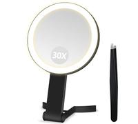 B Beauty Planet Miroir grossissant avec lumière, Miroir de Maquillage Double Face 30X/1X avec Pince à épiler, 3 lumières de Couleur, Pliable et à intensité Variable (Noir)