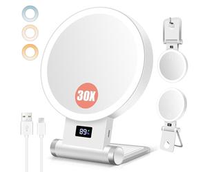 B Beauty Planet Miroir Maquilleur Lumineux 30X/1X, Indicateur de Batterie, Support 4-en-1, Double Face, 2000mAh, 3 Lumières Réglables, Pose Table/Mur, Pliable et Portable
