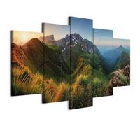 B&D XXL - Tableau Décoratif 100x50 cm - Impression sur Toile Colorée - Décoration Murale pour Salon et Chambre - Montagnes, Prairie, Nature, Ciel, Paysage, Soleil c-C-0012-b-m