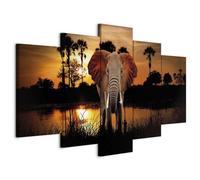 B&D XXL - Tableau décoratif animal 100x50 cm - Impression sur toile colorée - Décoration murale - Afrique lac nature palmiers paysage éléphants coucher de soleil animaux g-C-0024-b-m