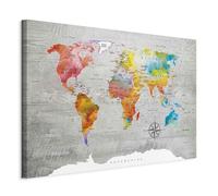 B&D XXL - Tableau décoratif Carte du monde 60x40 cm - Impression sur toile colorée - Décoration murale pour salon et chambre - Bois coloré boussole continents cartes fond du monde k-C-0049-b-b