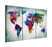 B&D XXL - Tableau décoratif Carte du monde 90x60 cm - Impression sur toile colorée - Décoration murale - Cartes de continents colorés à l'aquarelle du monde moderne k-A-0006-b-h