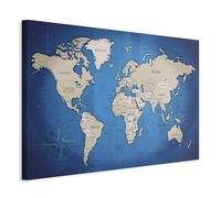 B&D XXL - Tableau décoratif Carte du monde 90x60 cm - Impression sur toile colorée - Décoration murale pour salon et chambre - Bleu - Boussole continents cartes monde bleu k-A-0056-b-b