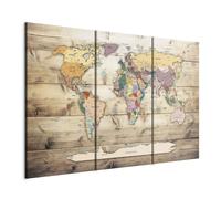 B&D XXL - Tableau décoratif Carte du monde 90x60 cm - Impression sur toile colorée - Décoration murale pour salon et chambre - Blanc marron vert - Bois continents cartes monde fond k-C-0035-b-f