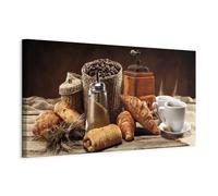 B&D XXL - Tableau décoratif culinaire 90x30 cm - Impression sur toile colorée - Décoration murale pour salon et chambre - Beige marron gris - Tasses aliments café cuisine j-A-0059-b-d