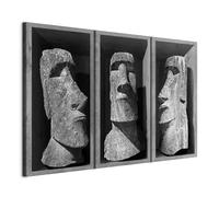 B&D XXL - Tableau décoratif figuratif 90x60 cm - Impression sur toile en noir et blanc - Décoration murale pour salon et chambre - Sculpture sur pierre visages gris île de pâques h-B-0064-b-h