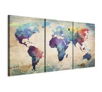 B&D XXL - Tableau décoratif moderne 120x60 cm - Impression sur toile colorée - Décoration murale pour salon et chambre - Gris beige rouge - Cartes des continents à l'aquarelle du monde 020113-50