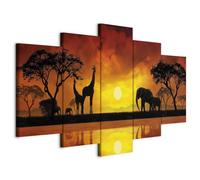 B&D XXL - Tableau décoratif moderne 150x75 cm - Impression sur toile colorée - Décoration murale pour salon et chambre - Afrique nature soleil éléphants coucher de soleil girafes 030112-68