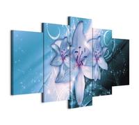 B&D XXL - Tableau décoratif nature 100x50 cm - Impression sur toile colorée - Décoration murale pour salon et chambre - Lueur étoiles fleurs lys nature bleu ornements plantes b-C-0152-b-p