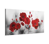 B&D XXL - Tableau décoratif nature 135x45 cm - Impression sur toile colorée - Décoration murale pour salon et chambre - Artistique rouge fleurs coquelicots nature plantes gris b-A-0339-b-a