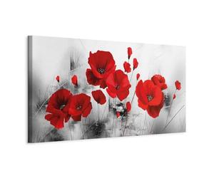 B&D XXL - Tableau décoratif nature 150x50 cm - Impression sur toile colorée - Décoration murale pour salon et chambre - Artistique rouge fleurs coquelicots nature plantes gris b-A-0339-b-a