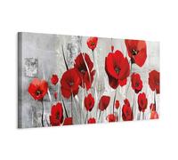 B&D XXL - Tableau décoratif nature 90x30 cm - Impression sur toile colorée - Décoration murale pour salon et chambre - Gris rouge rose - Nature plantes fleurs coquelicots b-A-0784-b-a