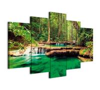 B&D XXL - Tableau décoratif paysage 150x75 cm - Impression sur toile colorée - Décoration murale pour salon et chambre - Cadre en Bois - Beige marron vert gris - Cascade naturelle c-B-0036-b-n