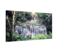 B&D XXL - Tableau décoratif paysage 90x30 cm - Impression sur toile colorée - Décoration murale - Arbres jungle pierre paysage forêt feuilles nature paysage plantes thaïlande cascade c-C-0017-b-d
