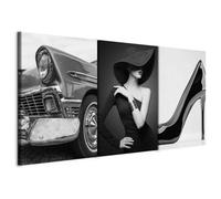 B&D XXL - Tableau triptyque mural Ensemble 180x90 cm (3 pièces de 60x90 cm chacune) - Impression sur toile avec cadre pour salon et - L'élégance parisienne - glamour en noir et blanc h-C-10064-b-a