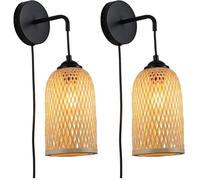 B·LED BARCELONA LED Applique murale avec prise en osier bambou rotin avec câble interrupteur culot E27 pour lumière intérieure table de chevet salon chambre LM164-P (Lot de 2)