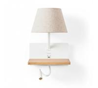 B·LED BARCELONA LED Applique murale de lecture “Artin USB+USB-C” avec abat-jour E27, spot LED orientable 3W, étagère en bois et design moderne pour chambre, tête de lit et hôtels