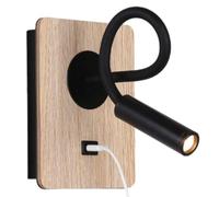 B·LED BARCELONA LED Applique murale en bois avec interrupteur et spot noir flexible lumière blanche chaude port charge USB pour lecture lit table de nuit hôtel