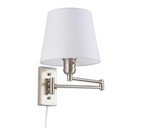 B·LED BARCELONA LED BarcelonaLED Applique Murale à Bras Articulé Moderne Nordique Chromé avec Câble de Prise et Interrupteur Abat-Jour en Tissu Blanc Douille E27 pour Lecture Chambre Chevet Hôtel