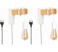 B·LED BARCELONA LED BarcelonaLED Applique murale avec câble interrupteur et prise Suspension en bois naturel Douille E27 Blanc Style vintage Rétro nordique (Lot de 2)