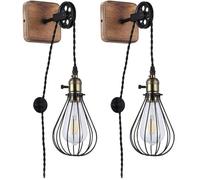 B·LED BARCELONA LED BarcelonaLED Applique Murale Vintage Bois avec Prise de Câble et Interrupteur Poulie Industrielle Suspendue Support de Lampe Cage E27 Socket (Lot de 2)