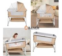 B.LIVEM Lit Bébé, Berceau Cododo, 4 Roues avec Freins, Réglable en Hauteur, Pieds en Métal